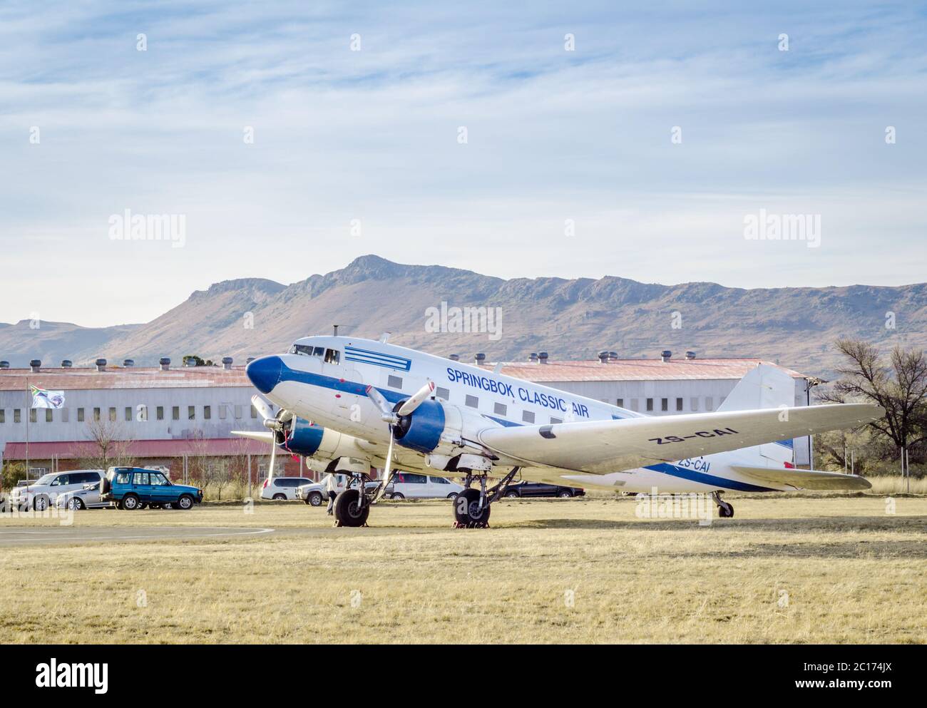 QUEENSTOWN, SOUTH AFRICA - 17 June 2017: Vintage Douglas DC 3 Dakota aeroplane parked at air show ex Stock Photo