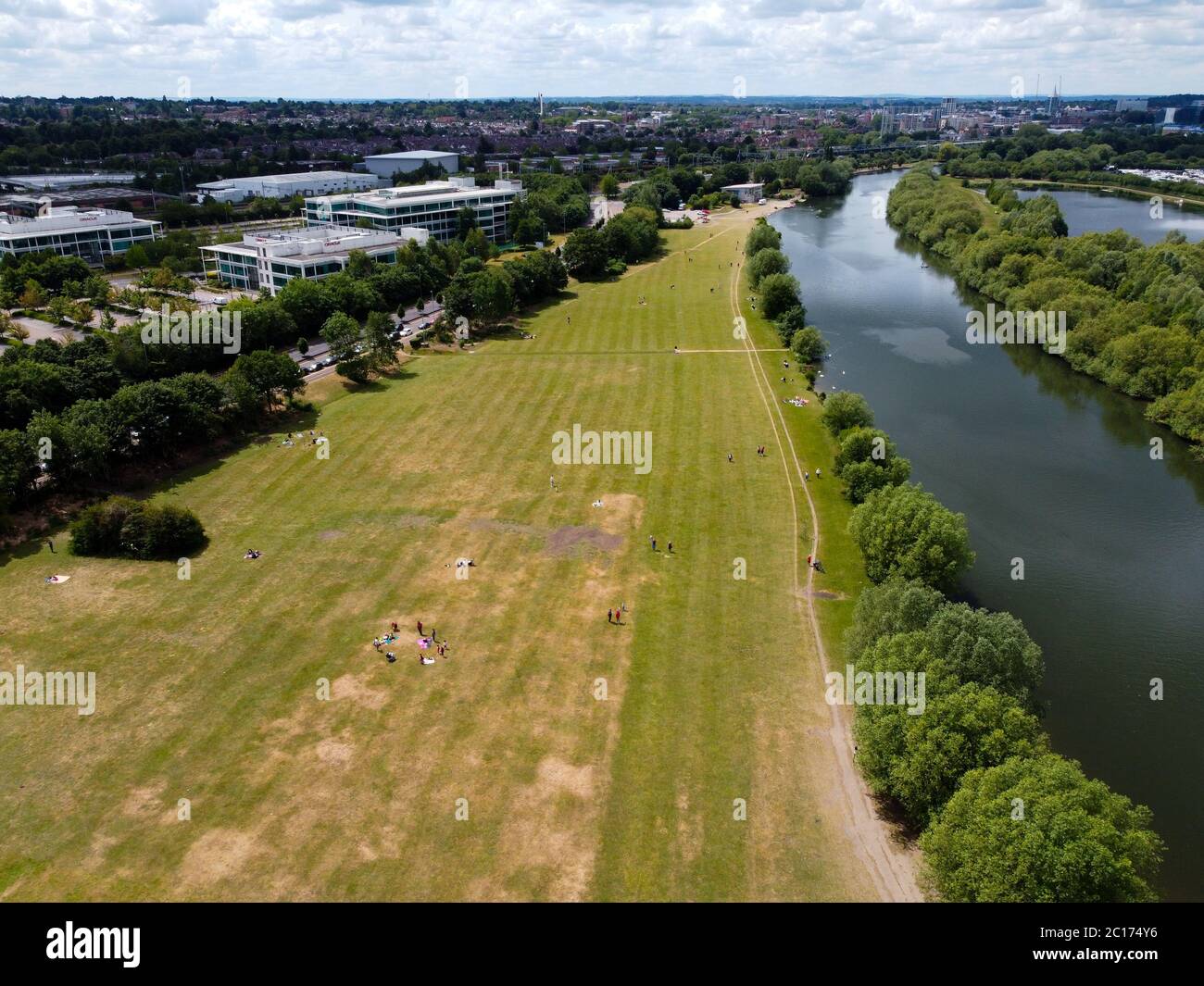 Reading, United Kingdom - June 07 2020:  A view along the river Thames towards the town centre at Thames Valley Park Stock Photo