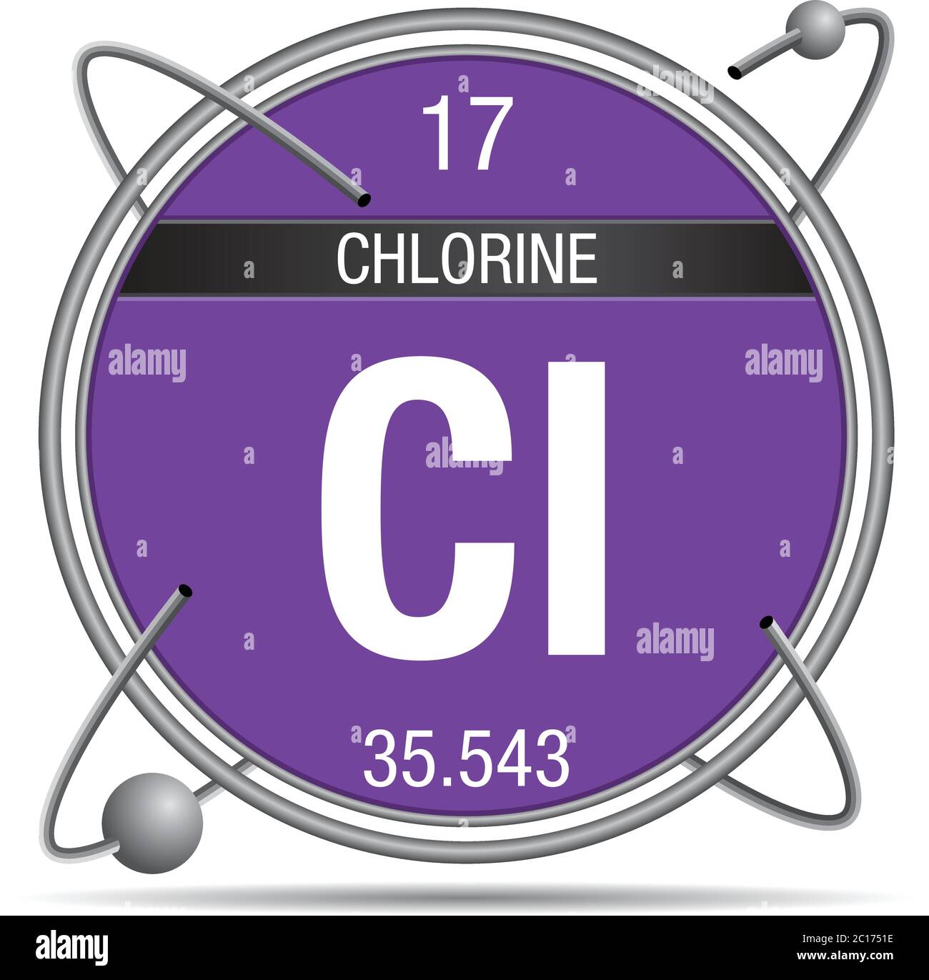 Chlorine symbol inside a metal ring with colored background and spheres orbiting around. Element