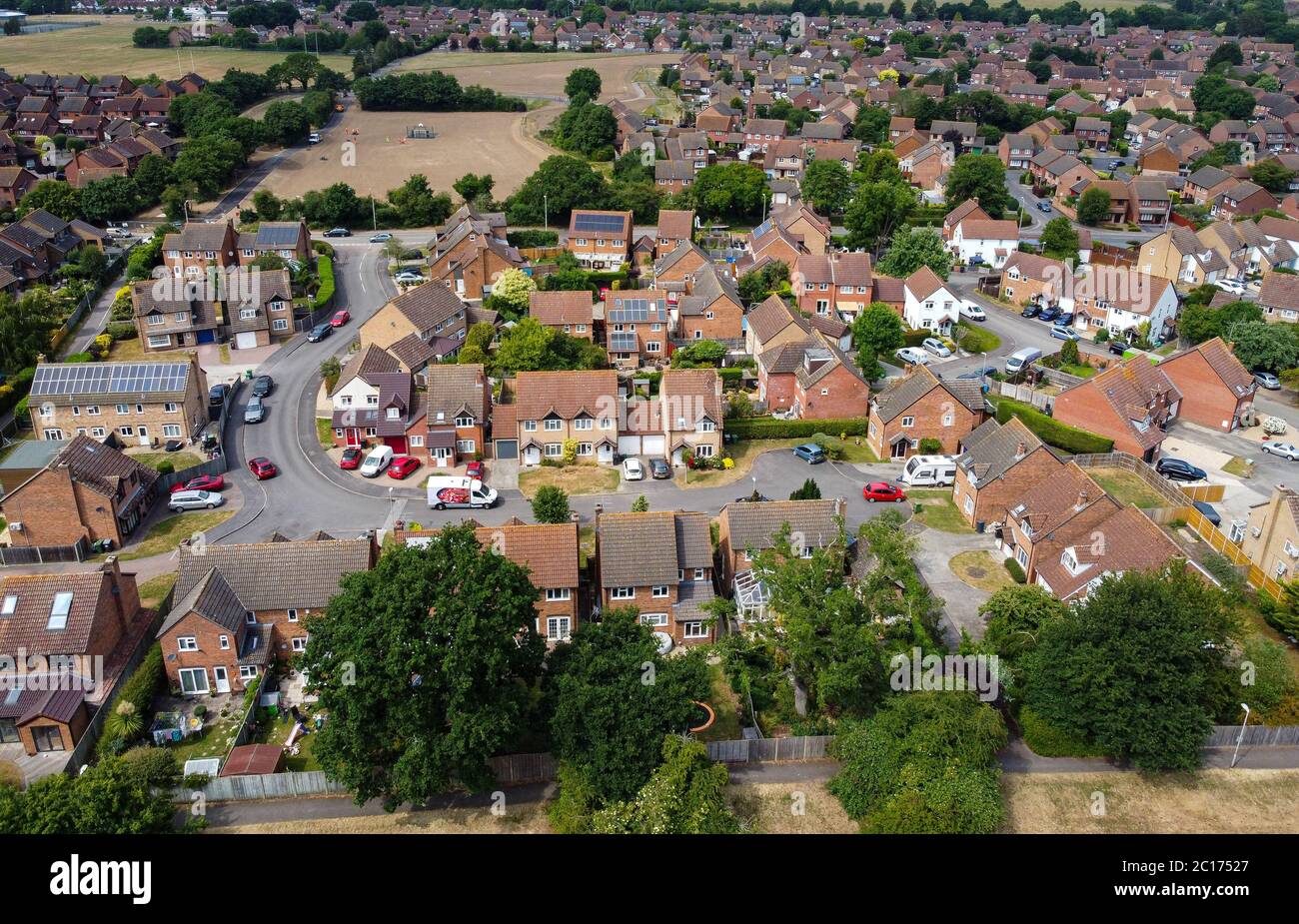 Thatcham, United Kingdom - June 09 2020:  An aerial shot of a suburban housing  area along Grassmead Stock Photo