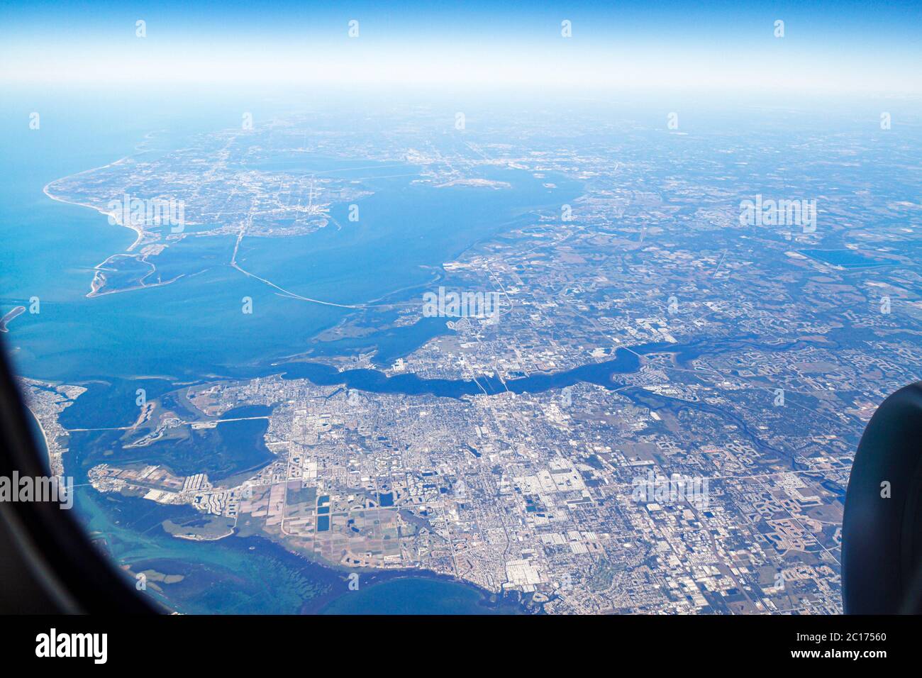 Florida,Tampa Bay,Manatee River,Bradenton,Sunshine Skyway Bridge,Gulf of Mexico Coast,aerial overhead view from above,American Airlines Miami to New O Stock Photo