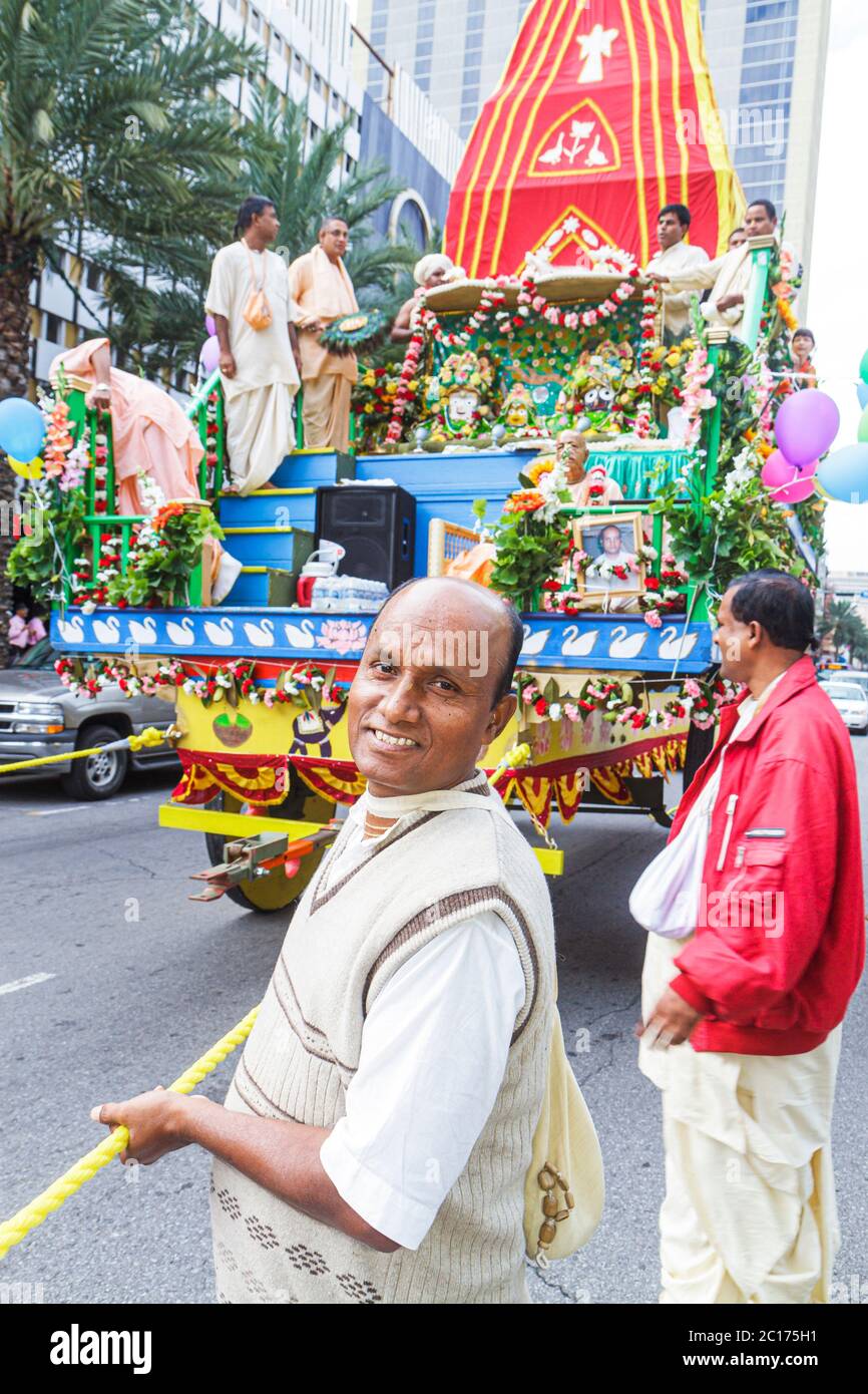 New Orleans Louisiana,downtown,Canal Street,Festival of India,Rath Yatra,Hare Krishna,Eastern religion,festival,parade float,procession,Asian man men Stock Photo