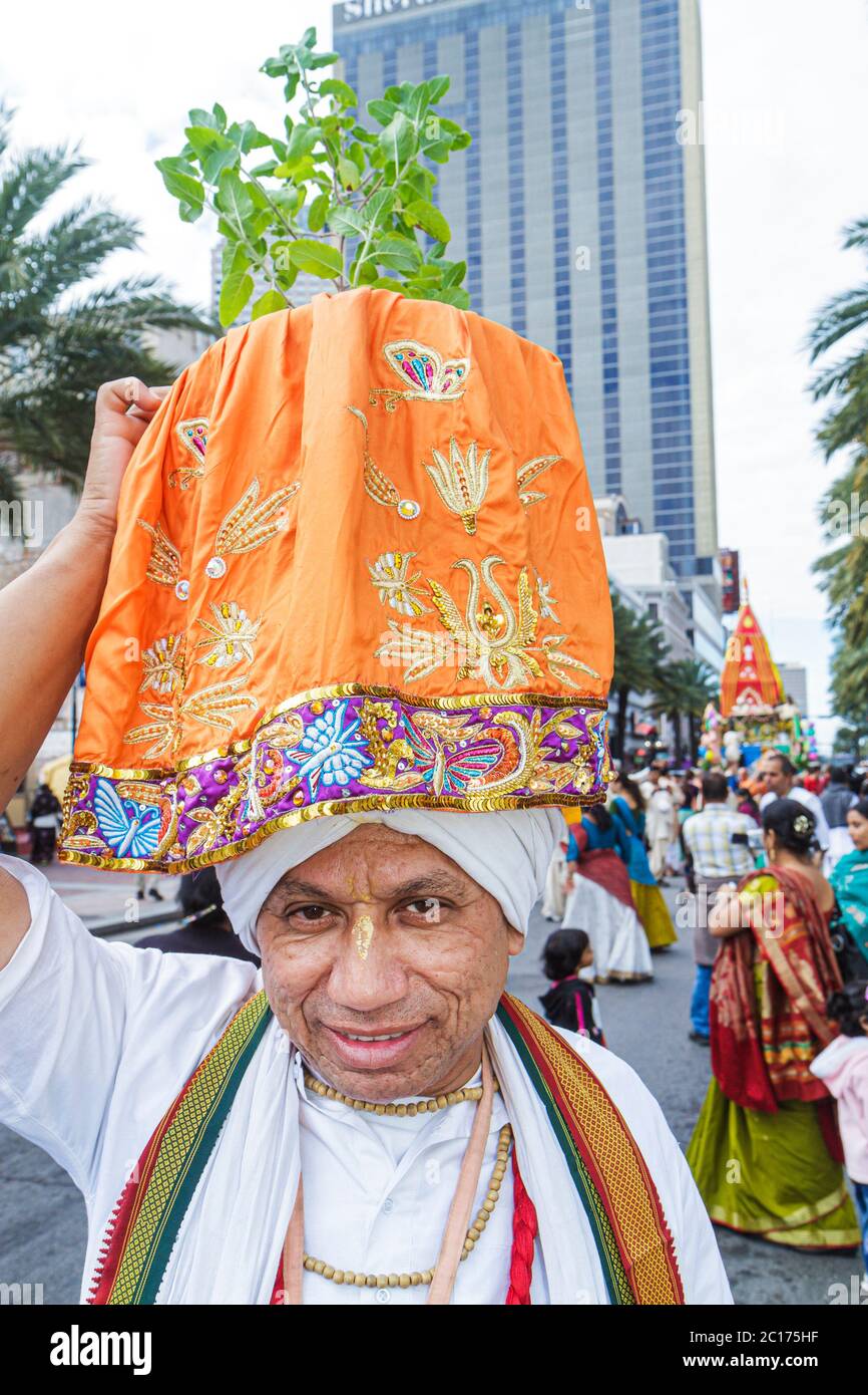New Orleans Louisiana,downtown,Canal Street,Festival of India,Rath Yatra,Hare Krishna,Hinduism,Eastern religion,festival,parade,procession,Asian man m Stock Photo