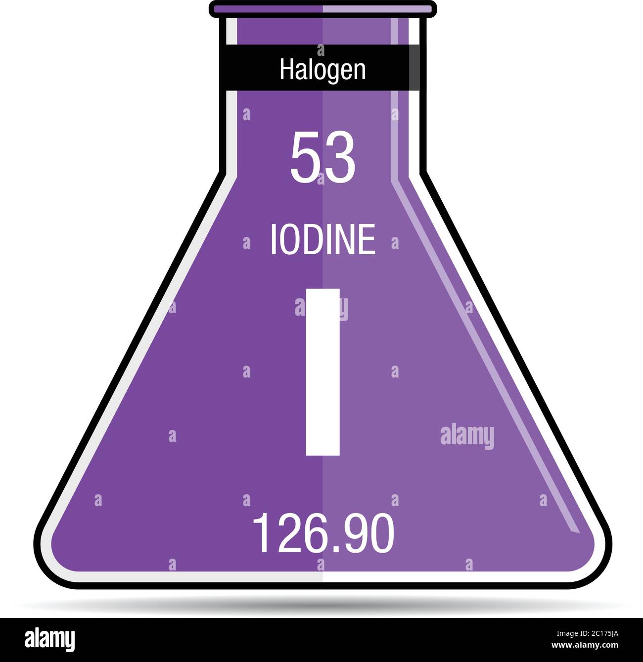 Iodine symbol on chemical flask. Element number 53 of the Periodic Table of the Elements - Chemistry Stock Vector