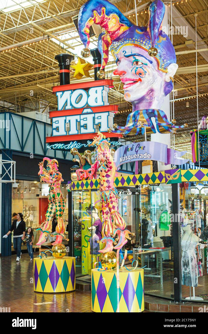 New Orleans Louisiana,Port of New Orleans,Riverwalk Marketplace,Mardi Gras Theme,decor,interior design,carnival,masquerade,jester,joker,head,tri fold Stock Photo