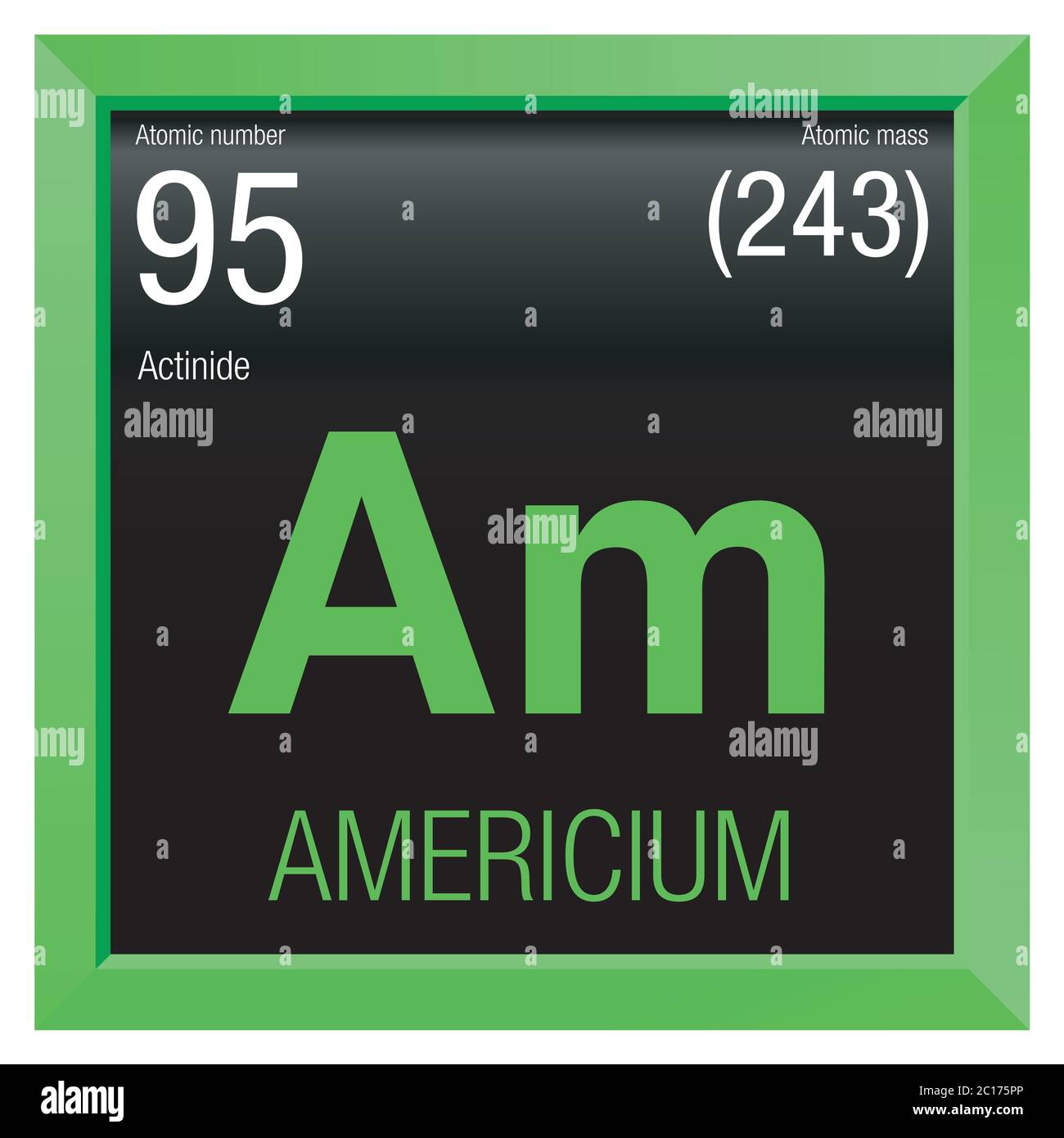 Americium symbol. Element number 95 of the Periodic Table of the Elements - Chemistry - Green square frame with black background Stock Vector