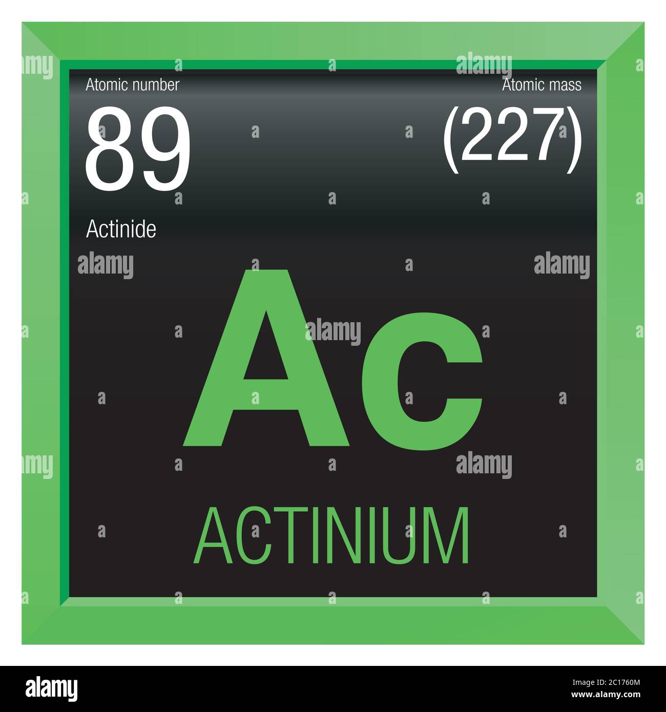 Actinium symbol. Element number 89 of the Periodic Table of the Elements - Chemistry - Green square frame with black background Stock Vector