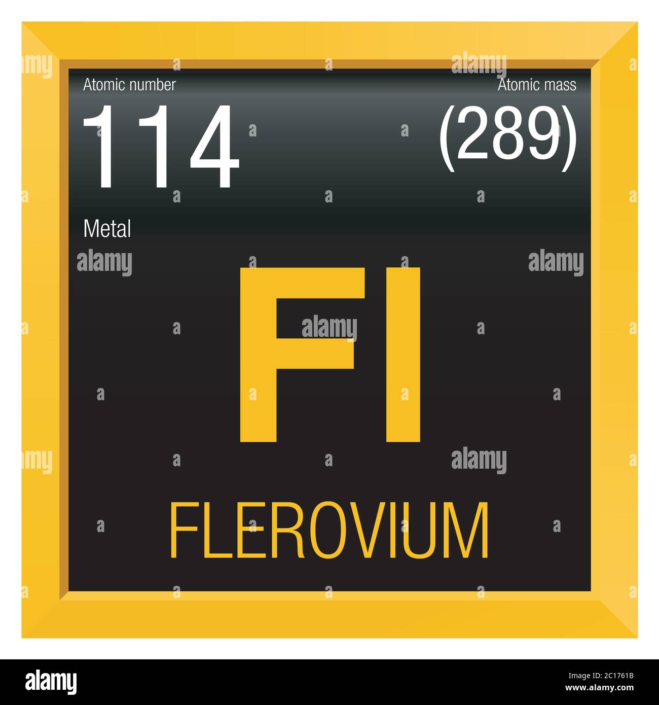Flerovium symbol. Element number 114 of the Periodic Table of the Elements - Chemistry - Yellow square frame with black background Stock Vector
