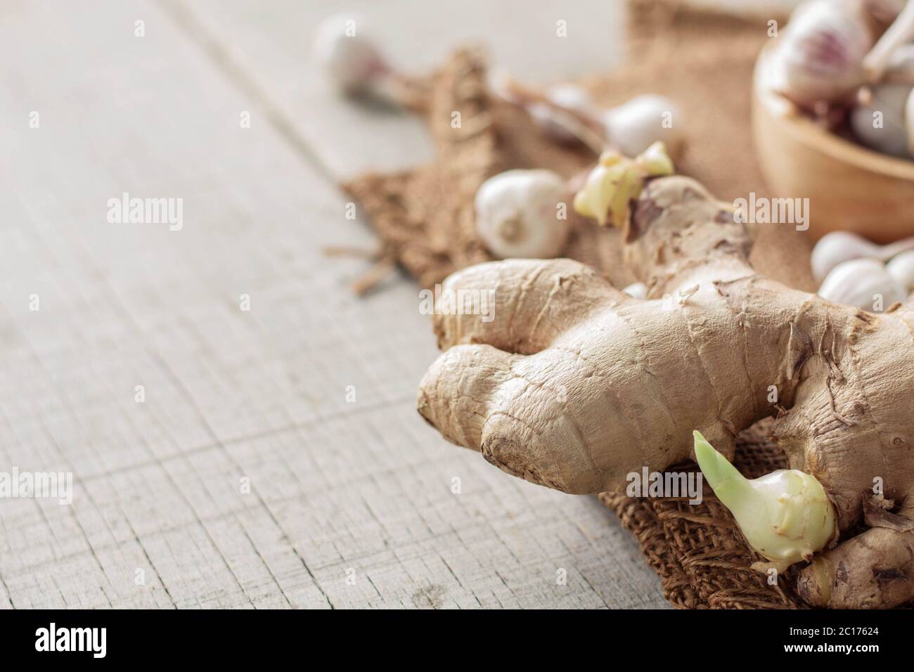 ginger is sprouting on wooden. Stock Photo