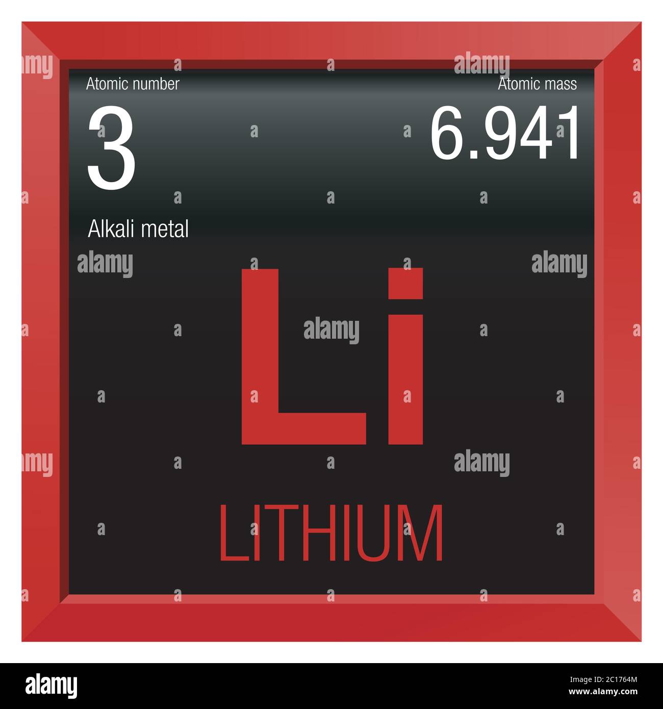 Lithium symbol. Element number 3 of the Periodic Table of the Elements - Chemistry - Red square frame with black background Stock Vector