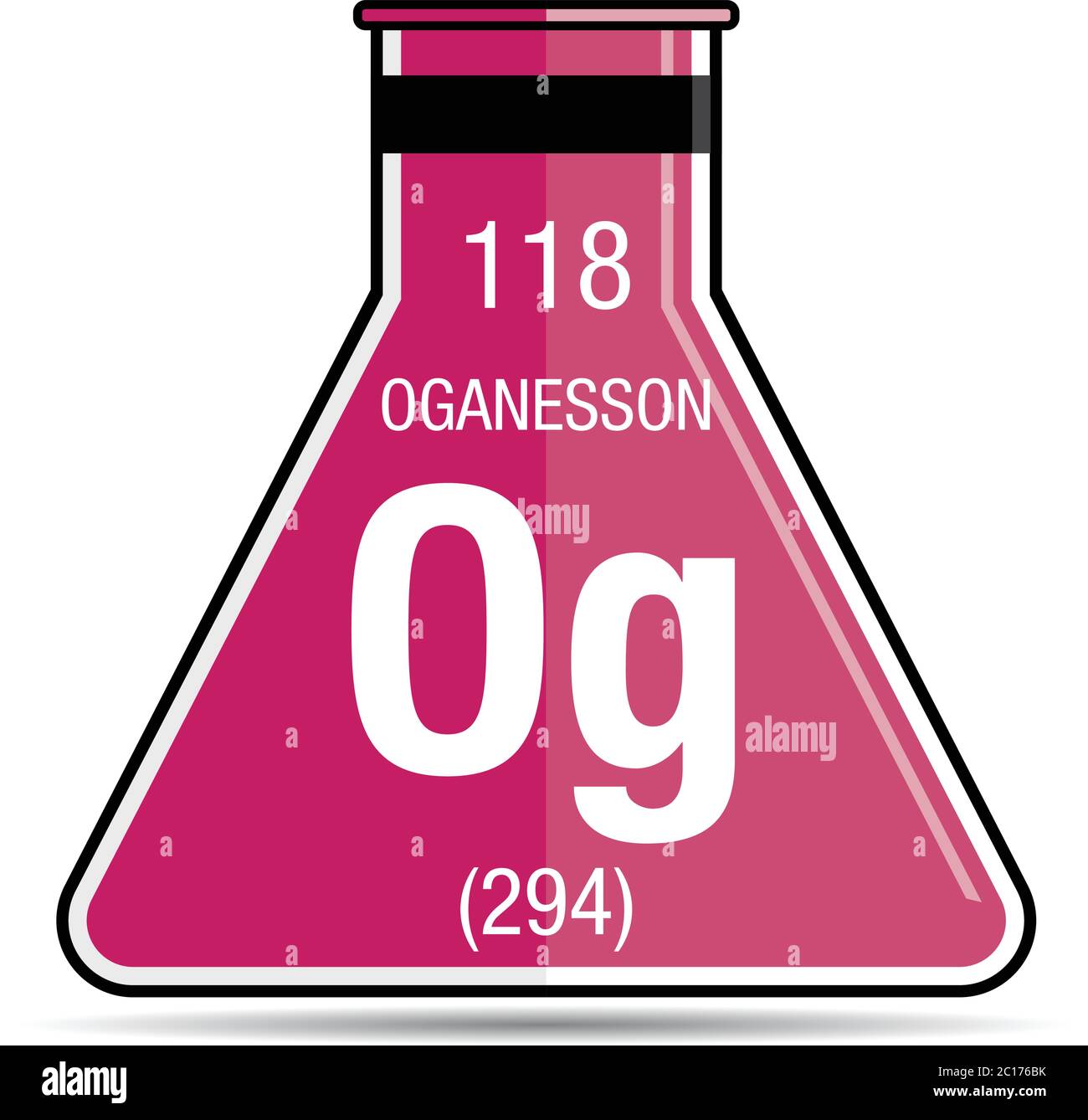 Oganesson symbol on chemical flask. Element number 118 of the Periodic Table of the Elements - Chemistry Stock Vector