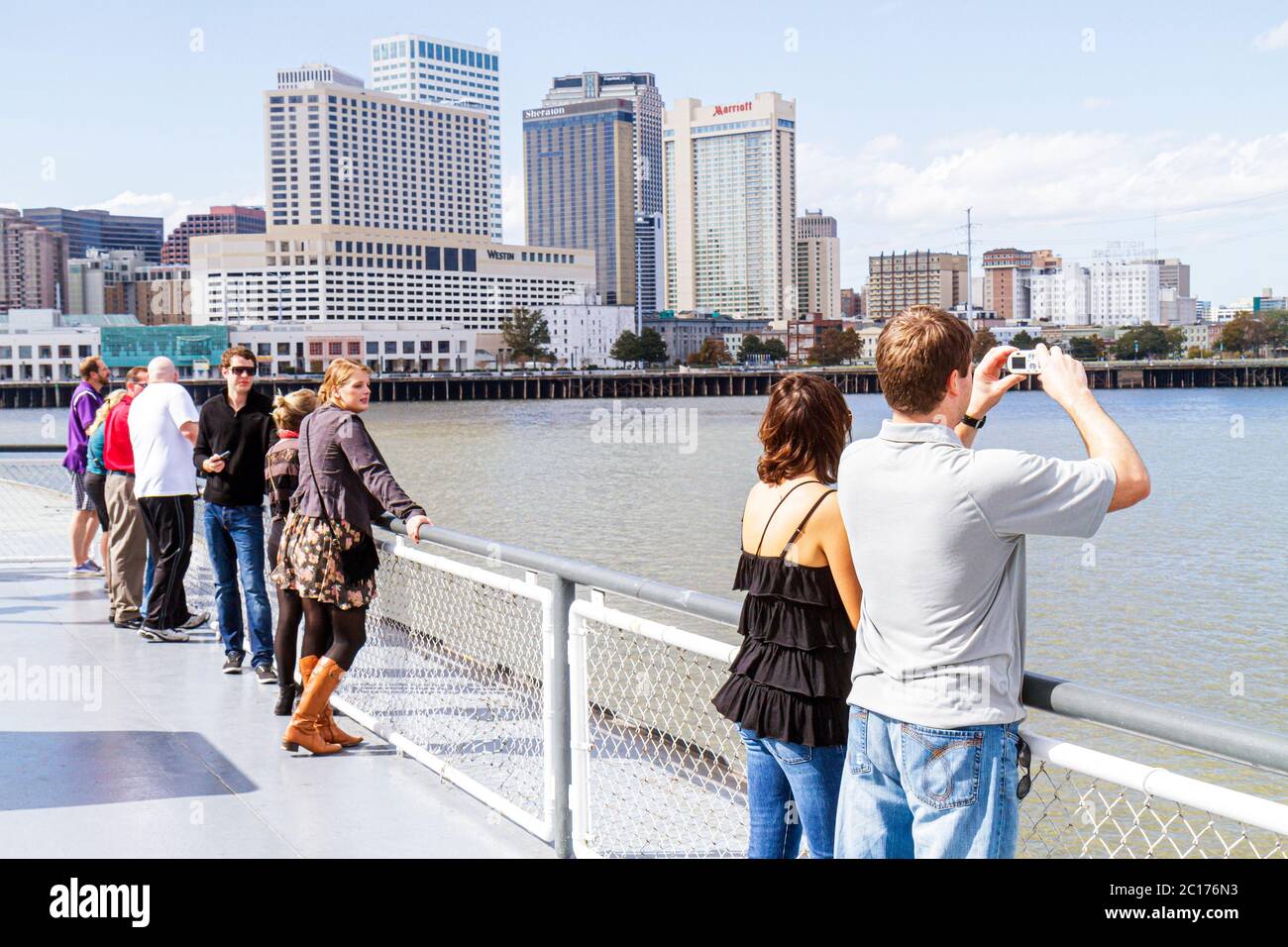 New Orleans Louisiana,Mississippi River,Canal Street Ferry,Algiers,CCCD,ferryboat,navigation,car ferry,inflight,passenger cabin,view,waterfront,buildi Stock Photo