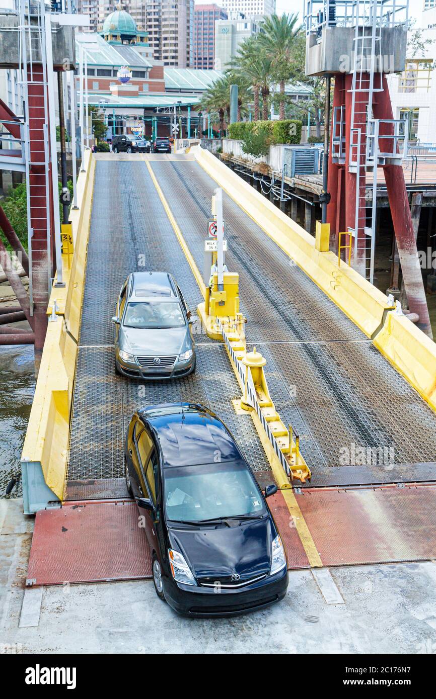 New Orleans Louisiana,Mississippi River,Canal Street Ferry,Algiers,Crescent City Connection Division,CCCD,ferryboat,navigation,car ferry,loading,ramp, Stock Photo