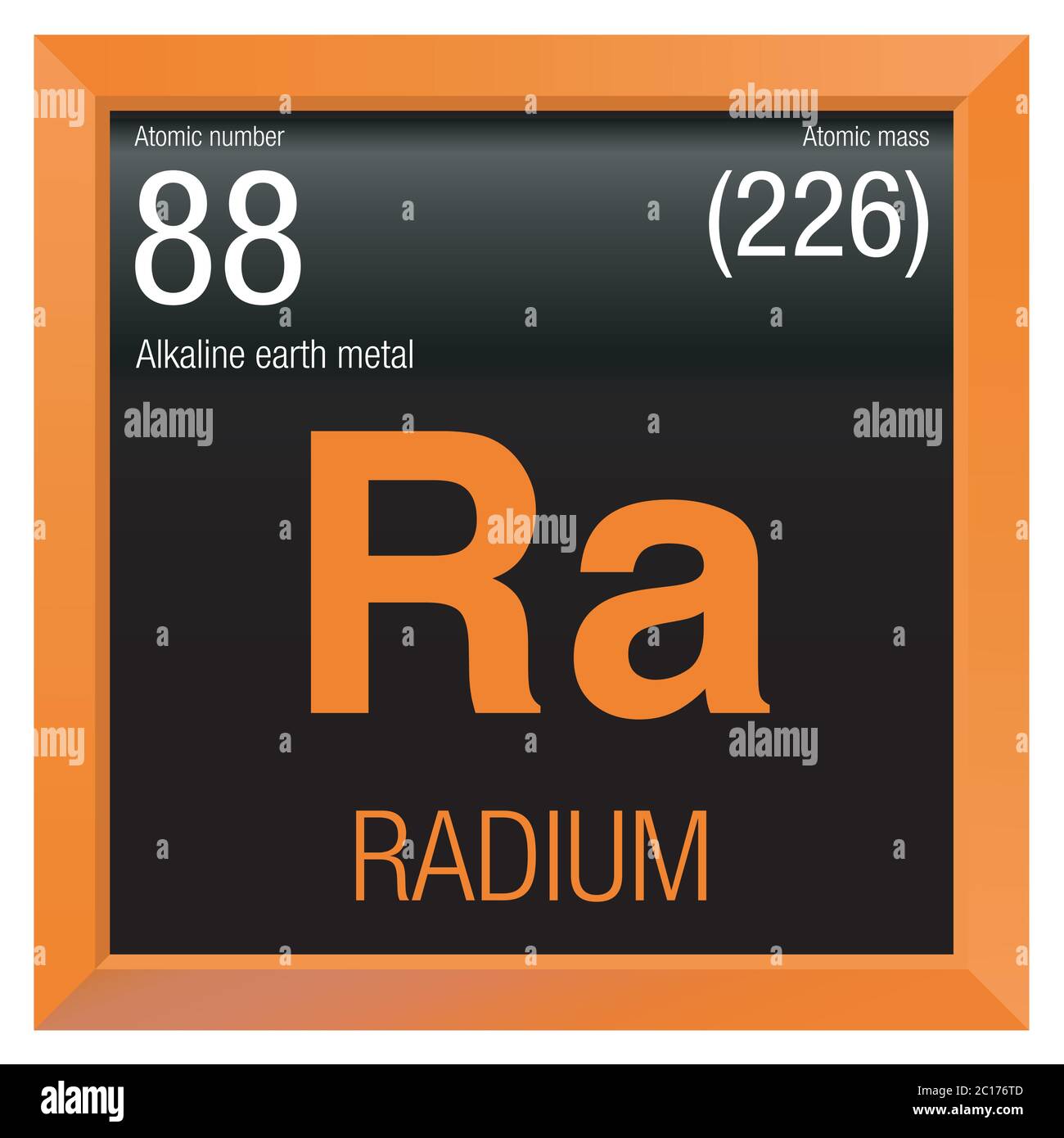 Radium symbol. Element number 88 of the Periodic Table of the Elements - Chemistry - Orange square frame with black background Stock Vector