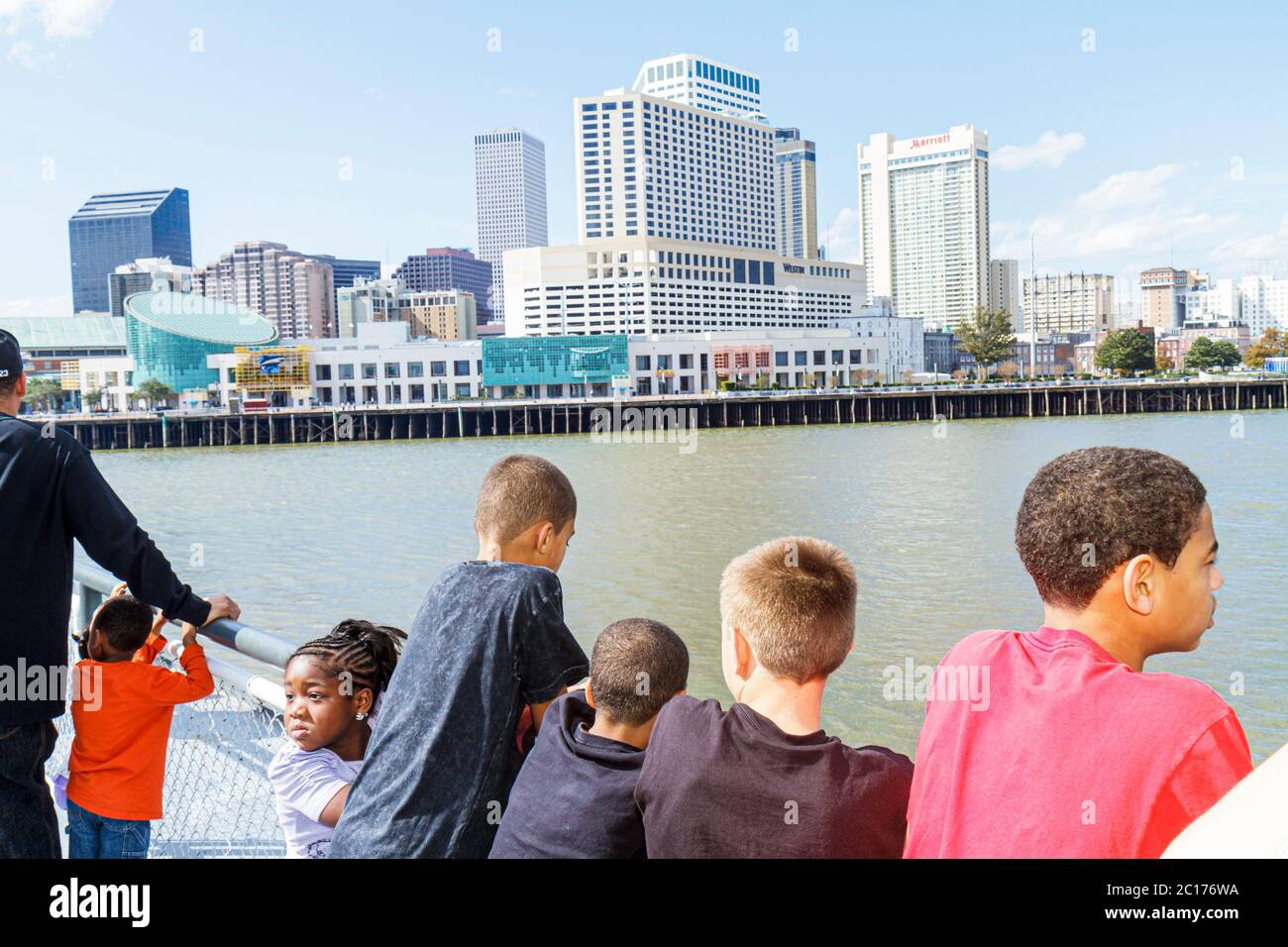 New Orleans Louisiana,Mississippi River water,Algiers Canal Street Ferry,CCCD,ferryboat,navigation,public transportation,car cars ferry,inflight,passe Stock Photo