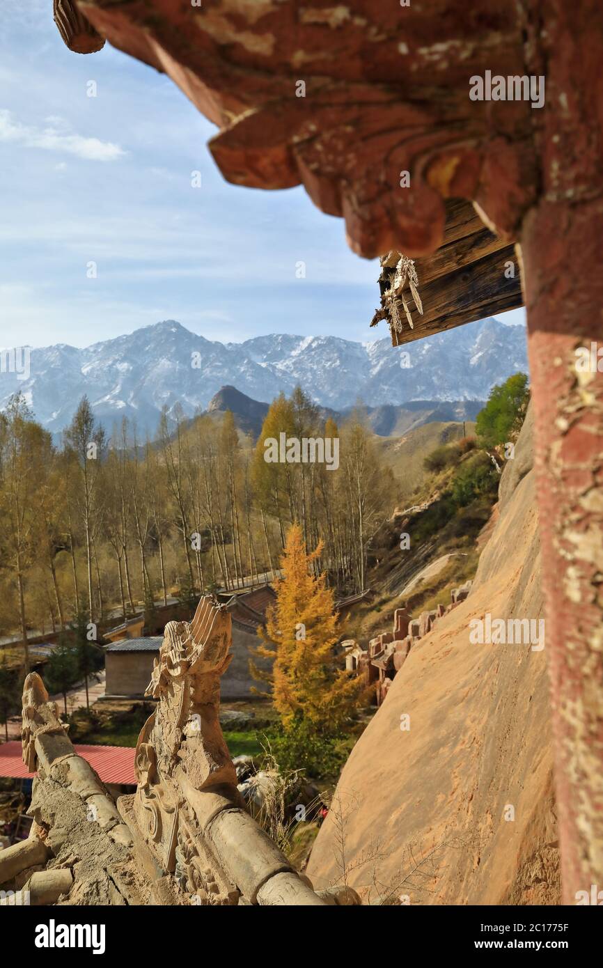 Qilian mountains from Qianfo Buddhist grottoes-MatiSi Horse Hoof Temple. Zhangye-Gansu-China-0942 Stock Photo