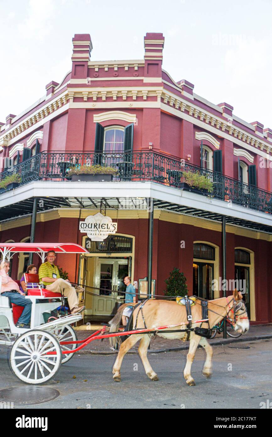 New Orleans Louisiana,French Quarter,architecture,architectural,Muriel's Bistro,ironwork gallery galleries,balcony,mule drawn carriage,animal,tour gui Stock Photo
