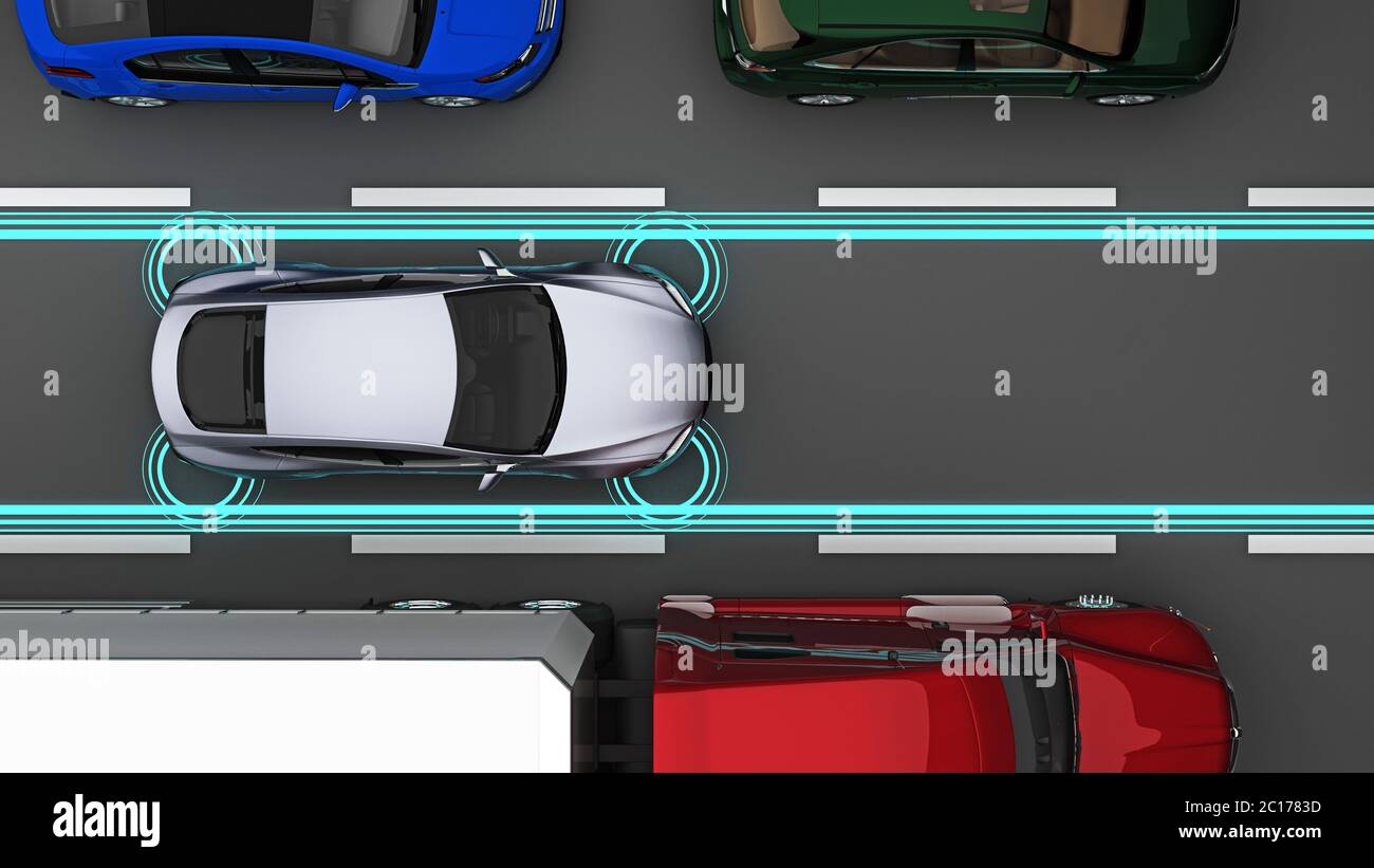 car with sensors in the traffic stream top view. 3d rendering Stock