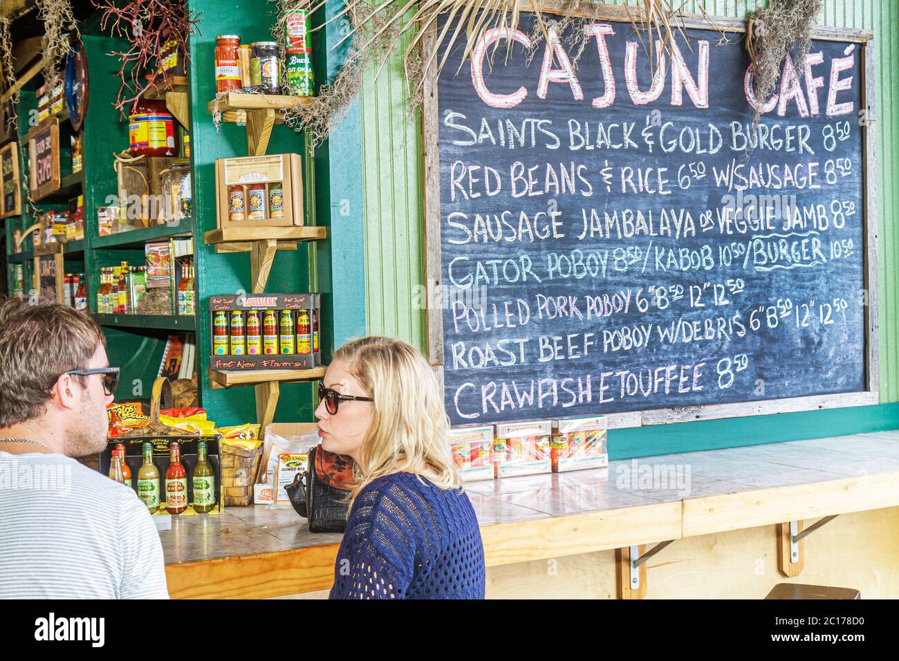 New Orleans Louisiana,French Quarter,historic French Market,local products,shopping shopper shoppers shop shops market markets marketplace buying sell Stock Photo