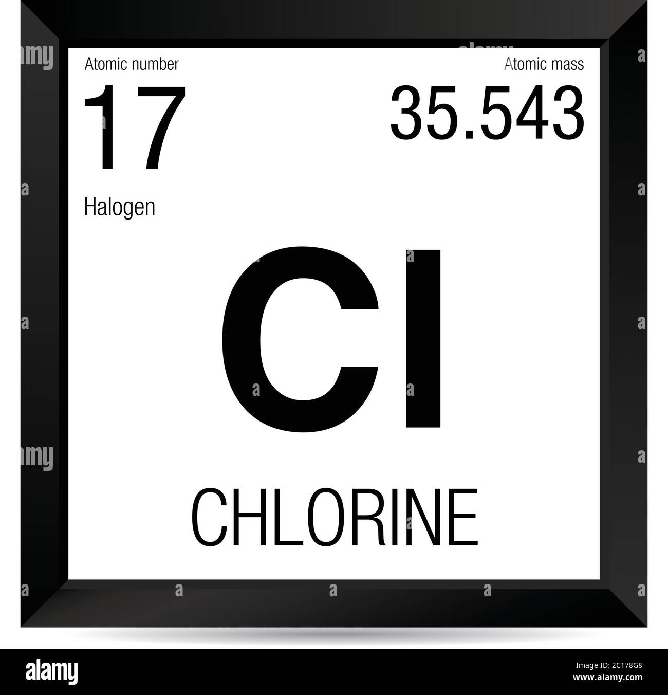 Chlorine symbol. Element number 17 of the Periodic Table of the Elements - Chemistry - Black square frame with white background Stock Vector