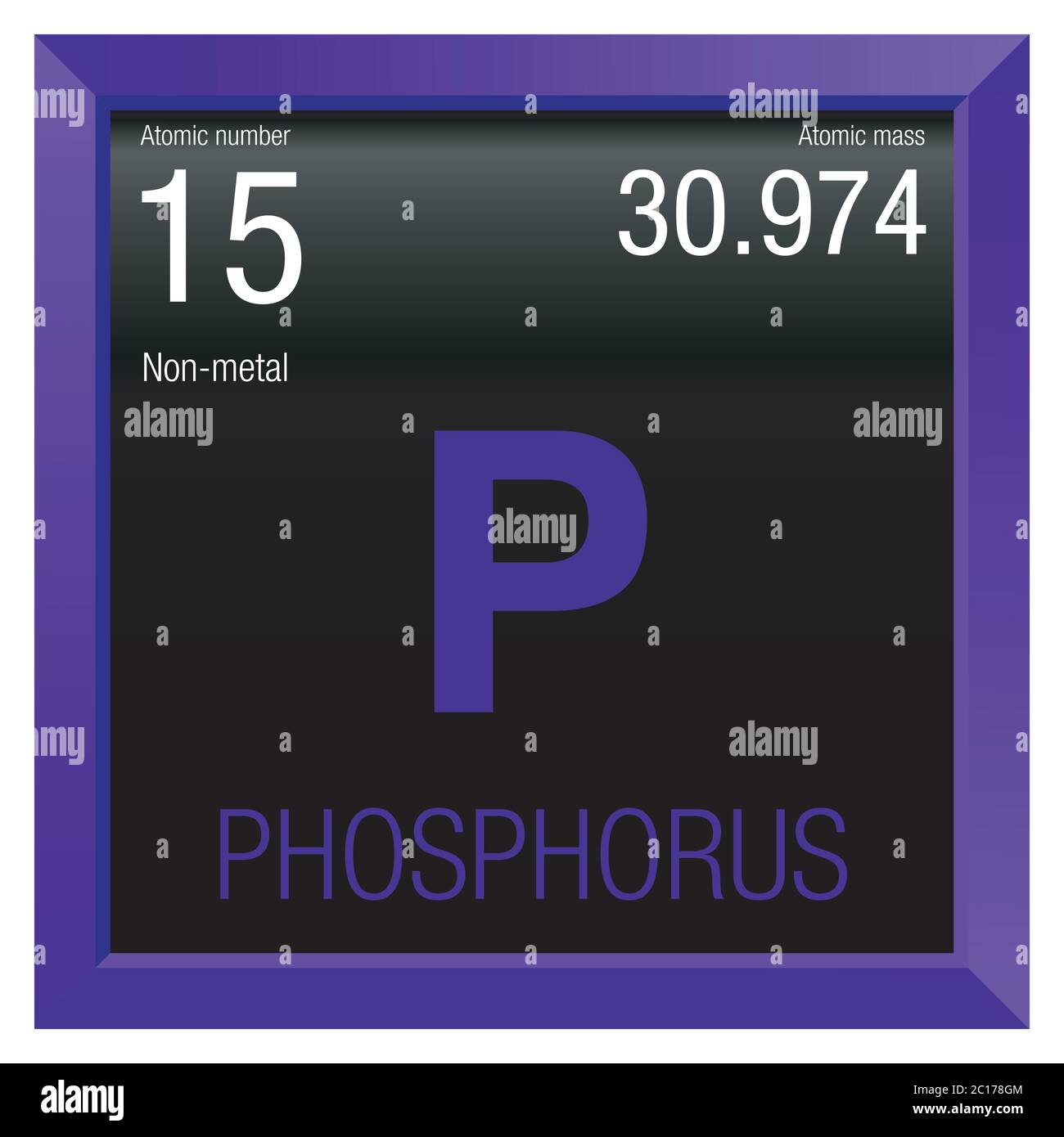 Phosphorus symbol. Element number 15 of the Periodic Table of the Elements - Chemistry - Violet square frame with black background Stock Vector