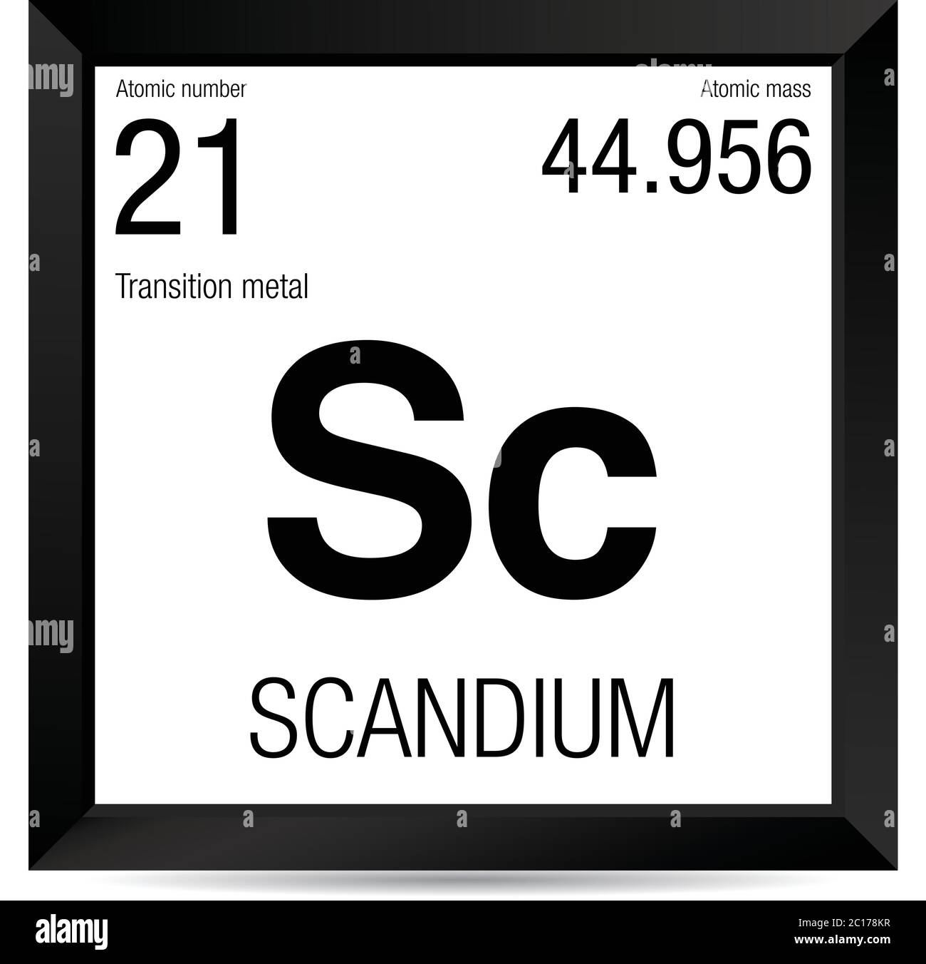 Scandium symbol. Element number 21 of the Periodic Table of the