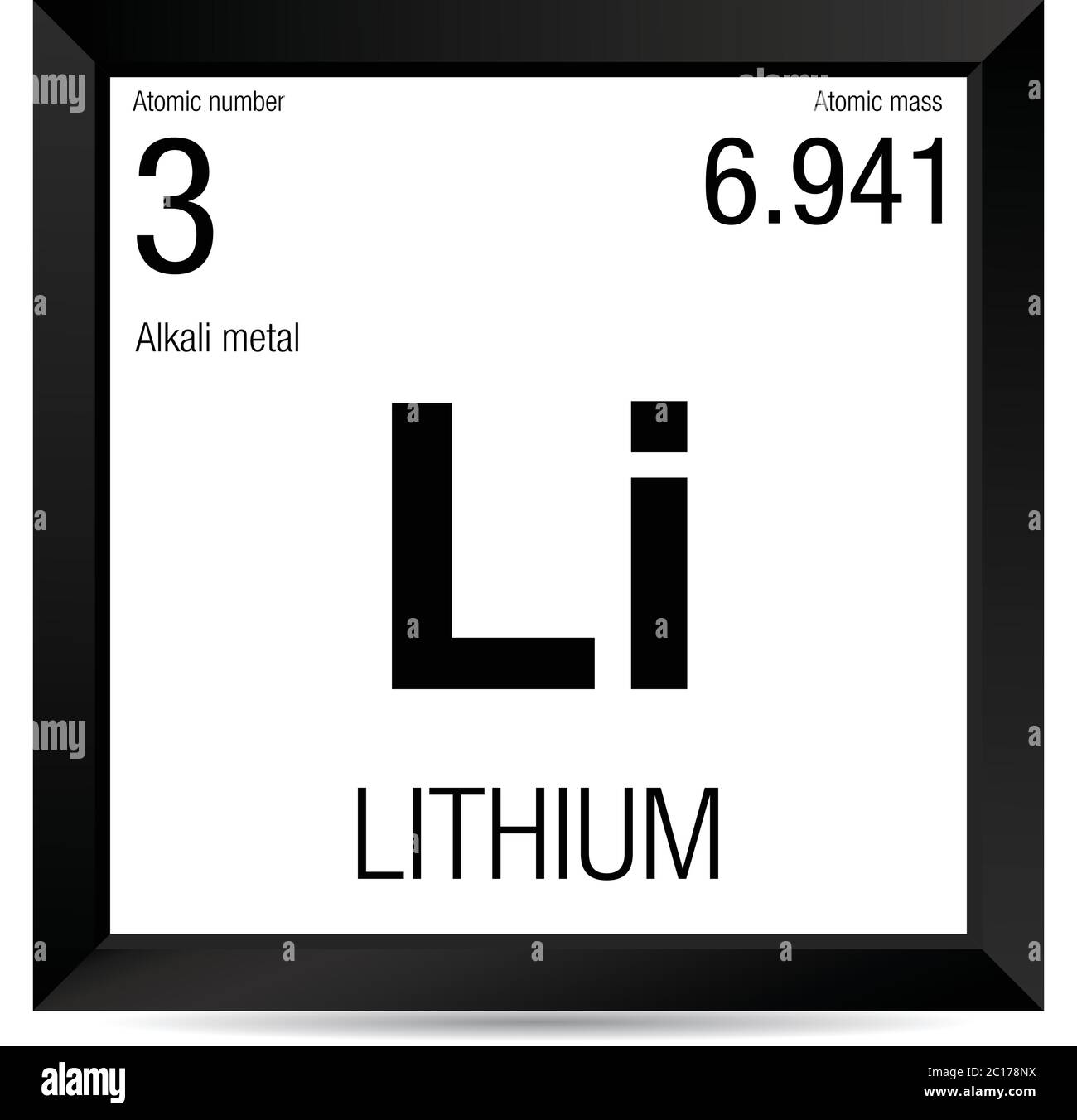 Lithium symbol. Element number 3 of the Periodic Table of the Elements - Chemistry - Black square frame with white background Stock Vector