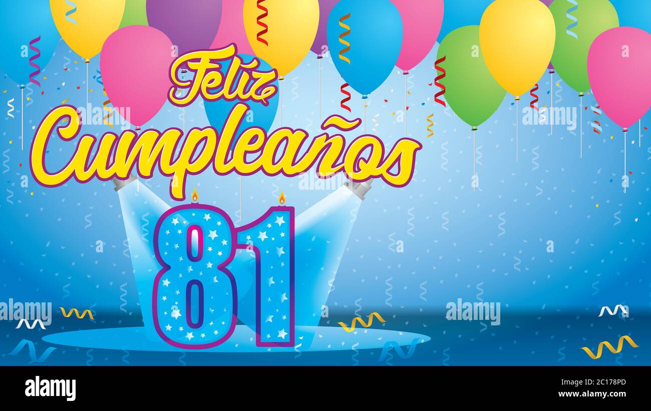 Feliz Cumpleanos 81 - Greeting card. Candle lit in the form of a number being lit by reflectors in a room with balloons floating with streamers Stock Vector