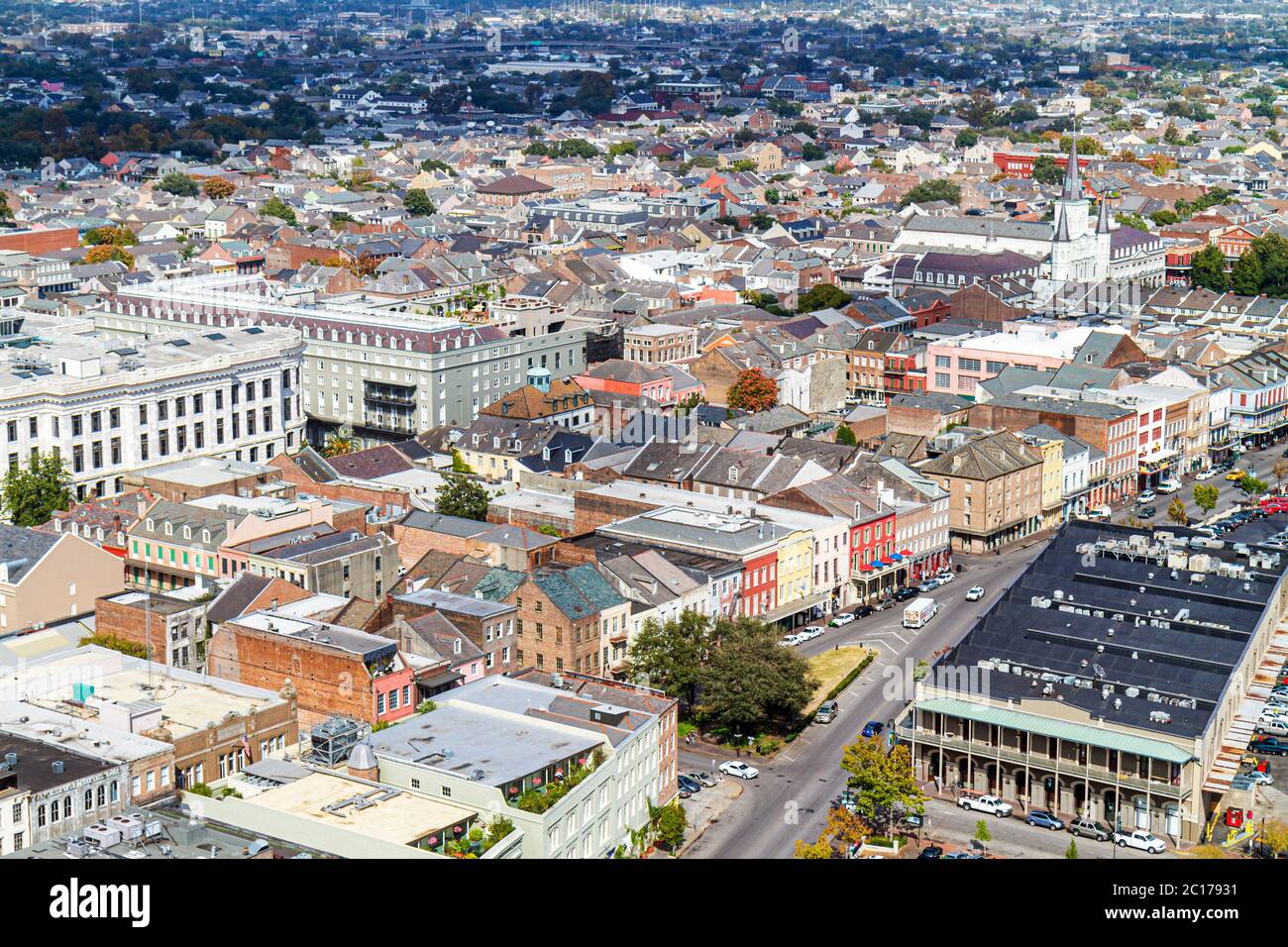 New Orleans Louisiana,French Quarter,skyline,North Peter Street,aerial overhead view from above,roof,street grid,buildings,city skyline,cars,LA1111150 Stock Photo