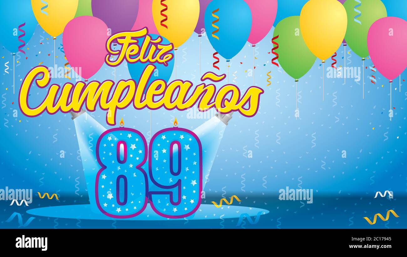Feliz Cumpleanos 89 - Greeting card. Candle lit in the form of a number being lit by reflectors in a room with balloons floating with streamers Stock Vector
