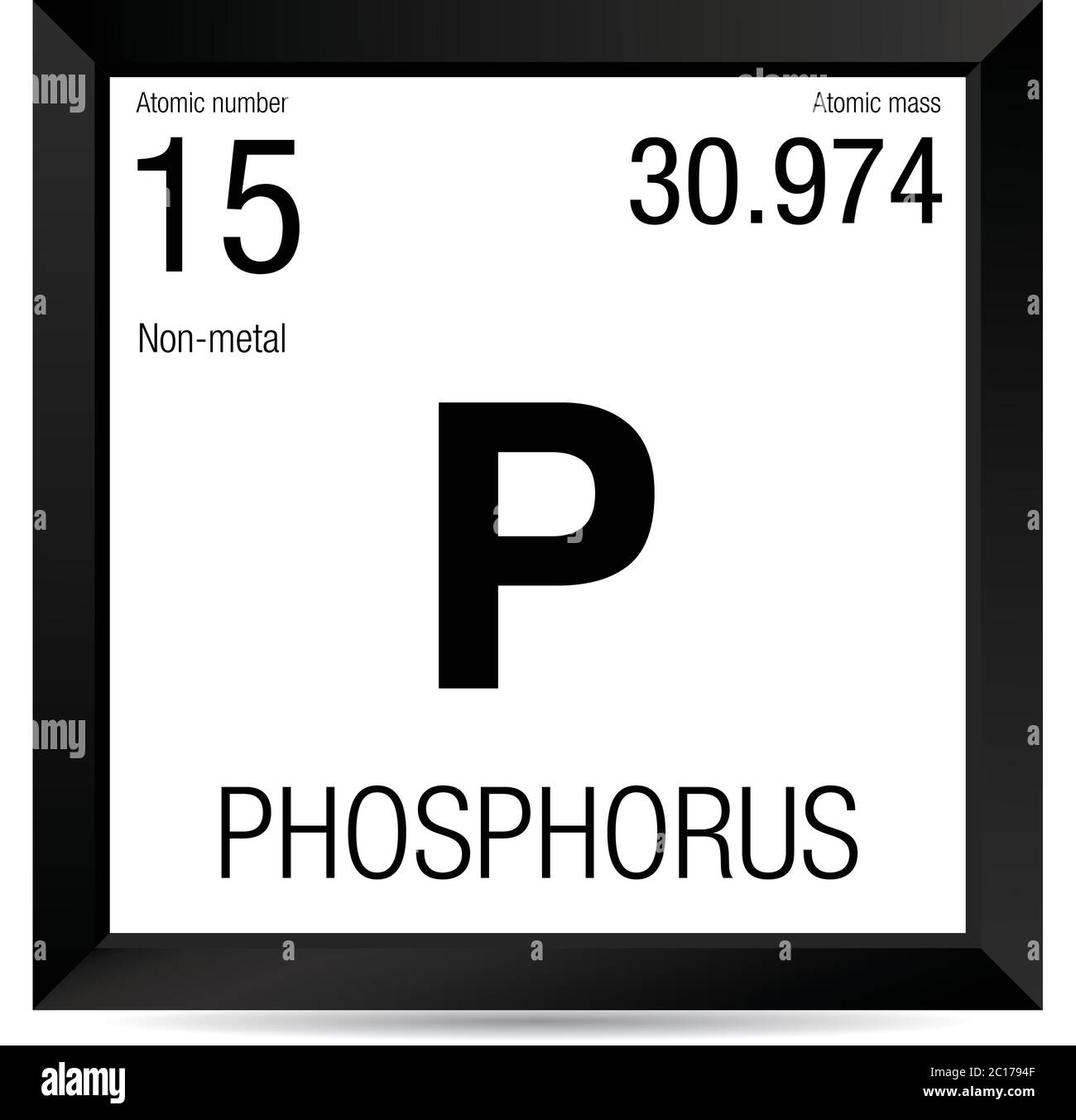 Phosphorus symbol. Element number 15 of the Periodic Table of the Elements - Chemistry - Black square frame with white background Stock Vector