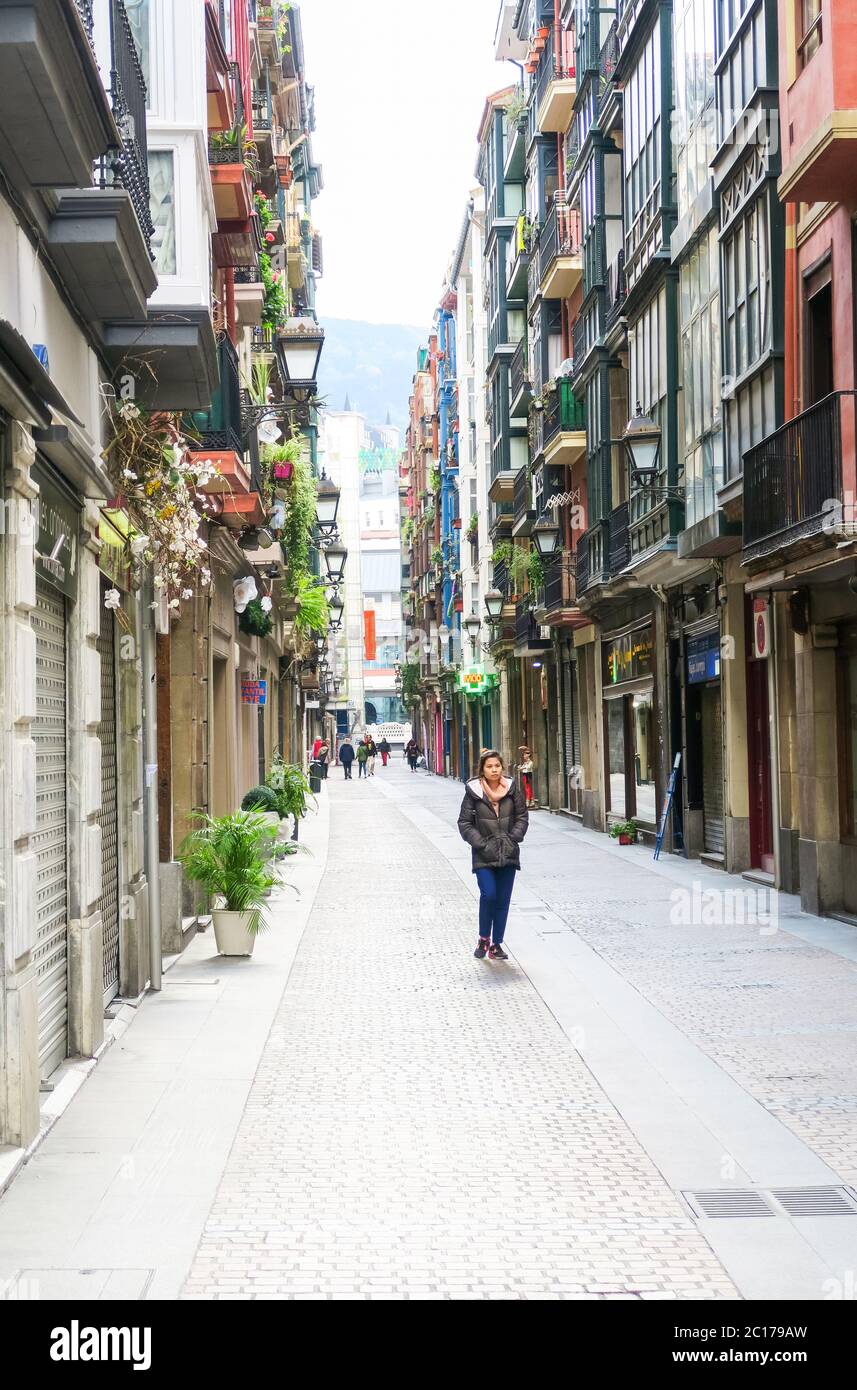 The narrow streets of Bilbao old town, Spain. Stock Photo