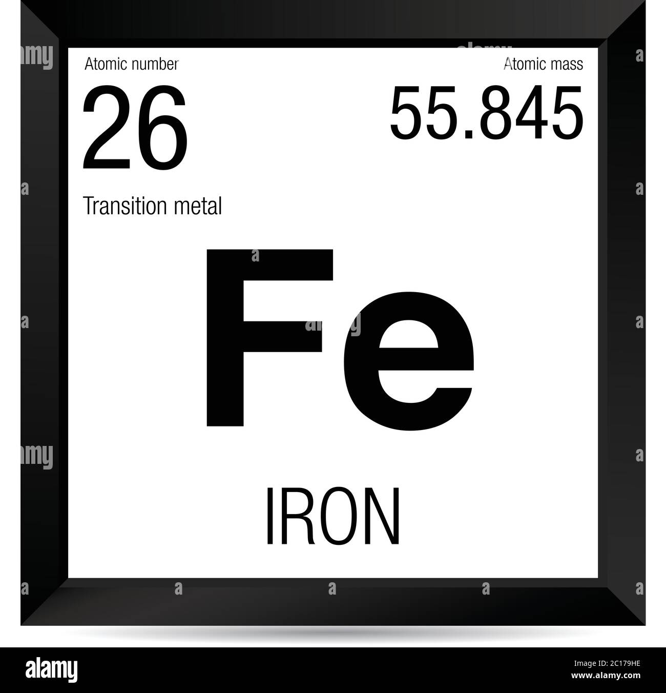 Iron symbol. Element number 26 of the Periodic Table of the Elements - Chemistry - Black square frame with white background Stock Vector