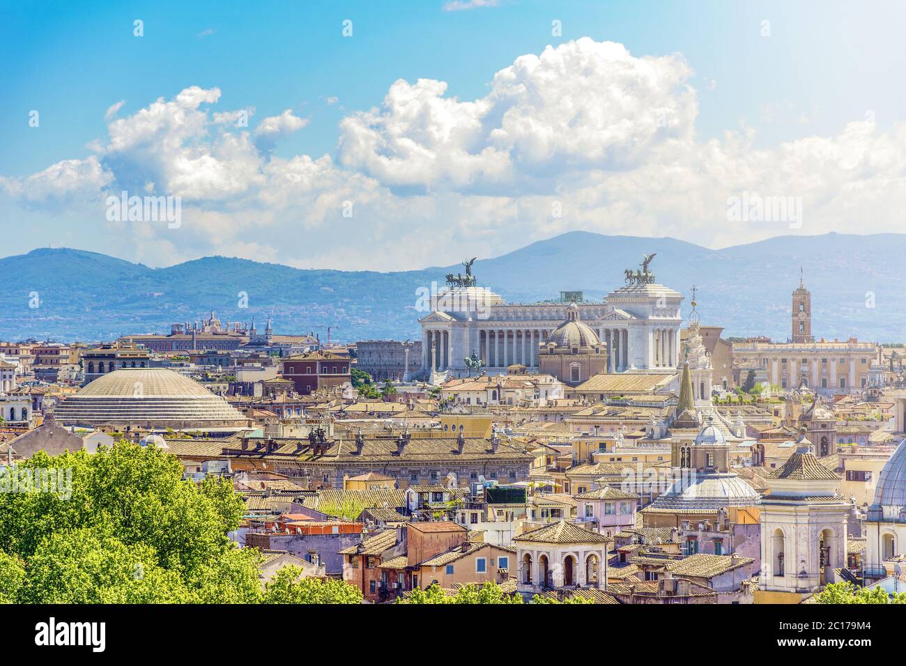 Panoramic view of rome with the Capitoline hill, Vittoriano and Pantheon Dome Stock Photo