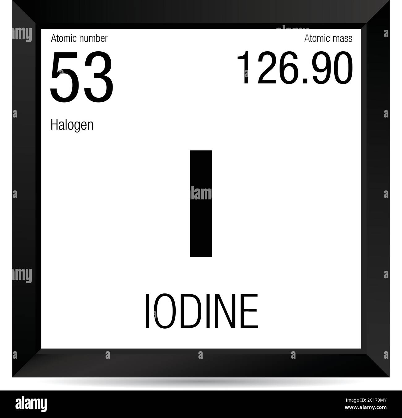Iodine symbol. Element number 53 of the Periodic Table of the Elements - Chemistry -  Black square frame with white background Stock Vector