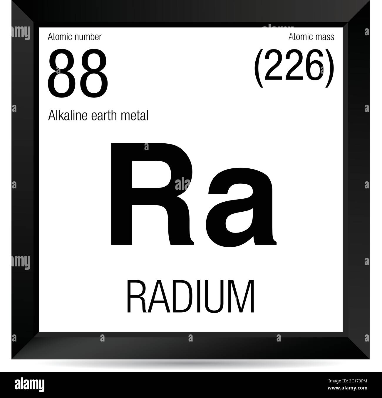 Radium symbol. Element number 88 of the Periodic Table of the Elements - Chemistry - Black square frame with white background Stock Vector