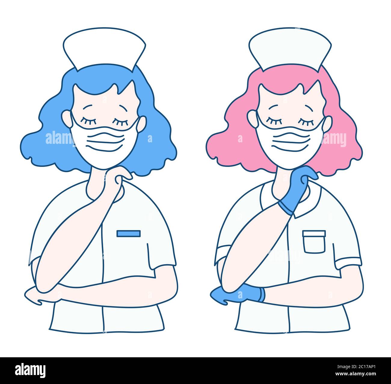 Two lovely nurses in medical white uniforms, wearing a mask and eyes closed. One female healthcare provider has blue gloves for protection against the Stock Vector