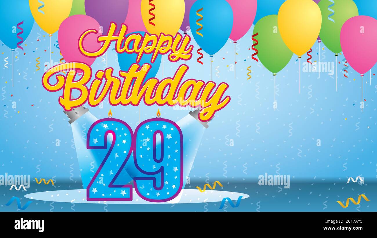 Happy Birthday 29 Greeting card. Candle lit in the form of a number being lit by two reflectors in a room with balloons floating with streamers Stock Vector