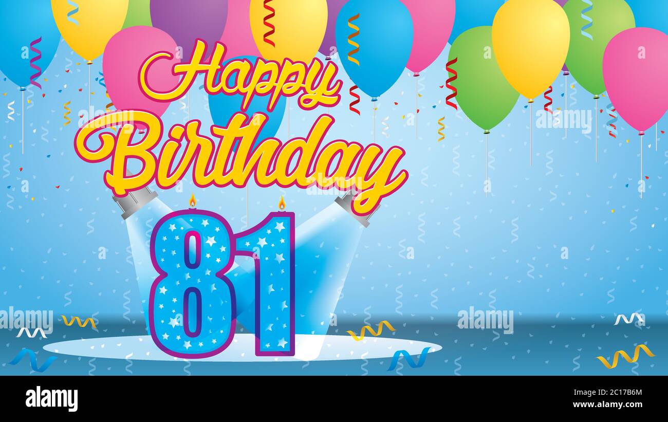 Happy Birthday 81 Greeting card. Candle lit in the form of a number being lit by two reflectors in a room with balloons floating with streamers Stock Vector