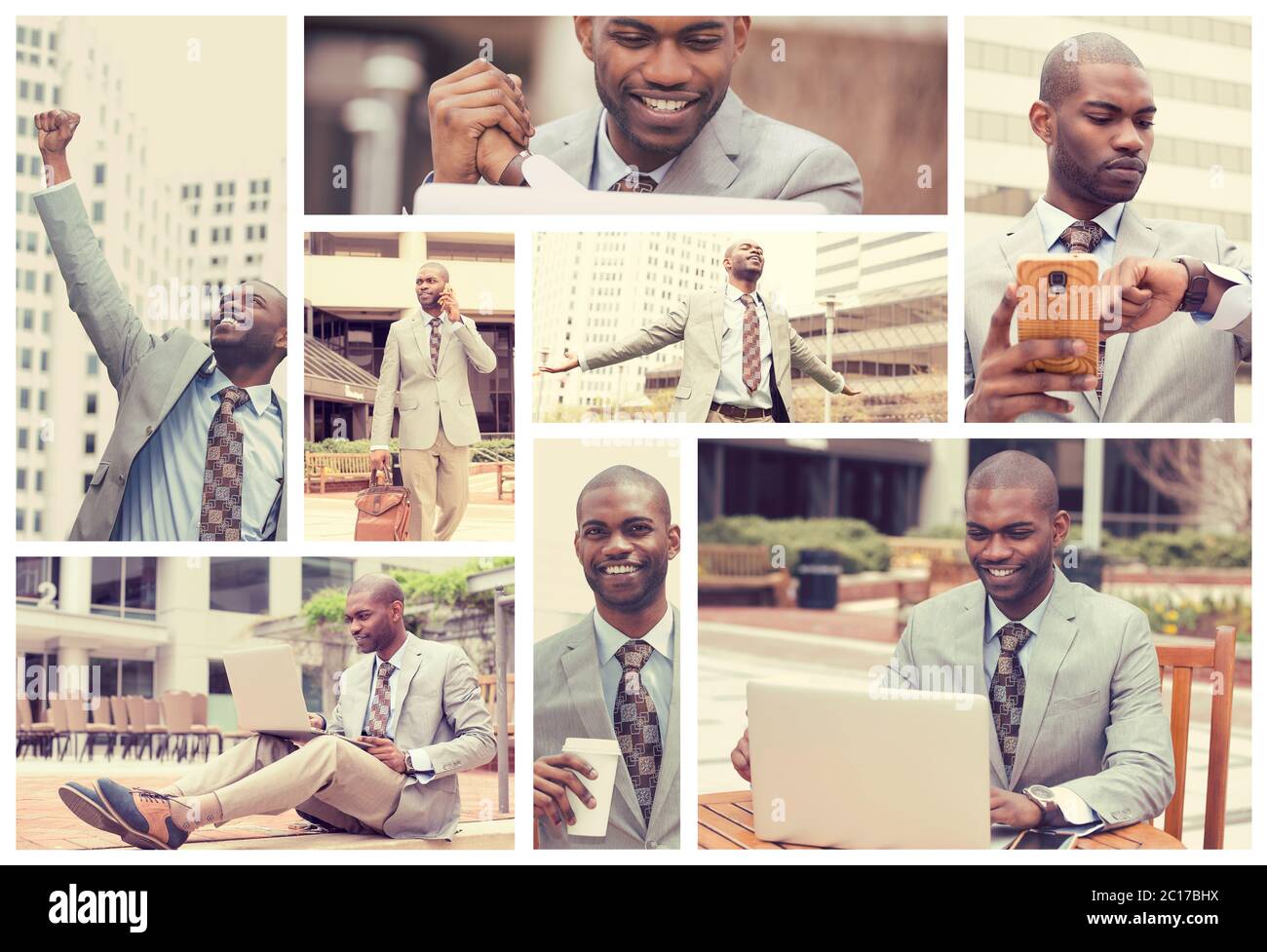 Collage of a lifestyle of a young successful busy businessman using mobile phone, laptop and walking outdoor in the city downtown Stock Photo