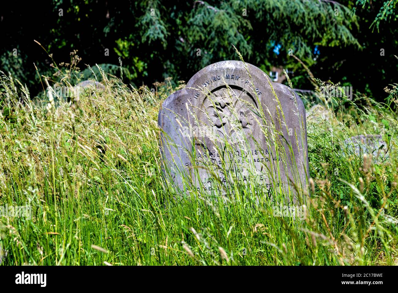 Headstones overgrown with grass, Brompton Cemetery, London, UK Stock Photo