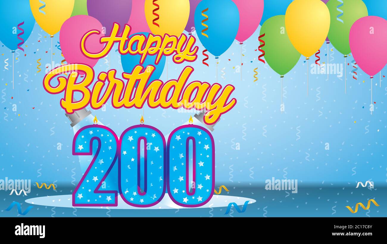 Happy Birthday 200 Greeting card. Candle lit in the form of a number being lit by two reflectors in a room with balloons floating with streamers Stock Vector