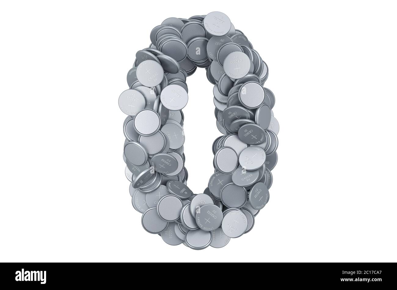 Number 0 from button cells, 3D rendering isolated on white background