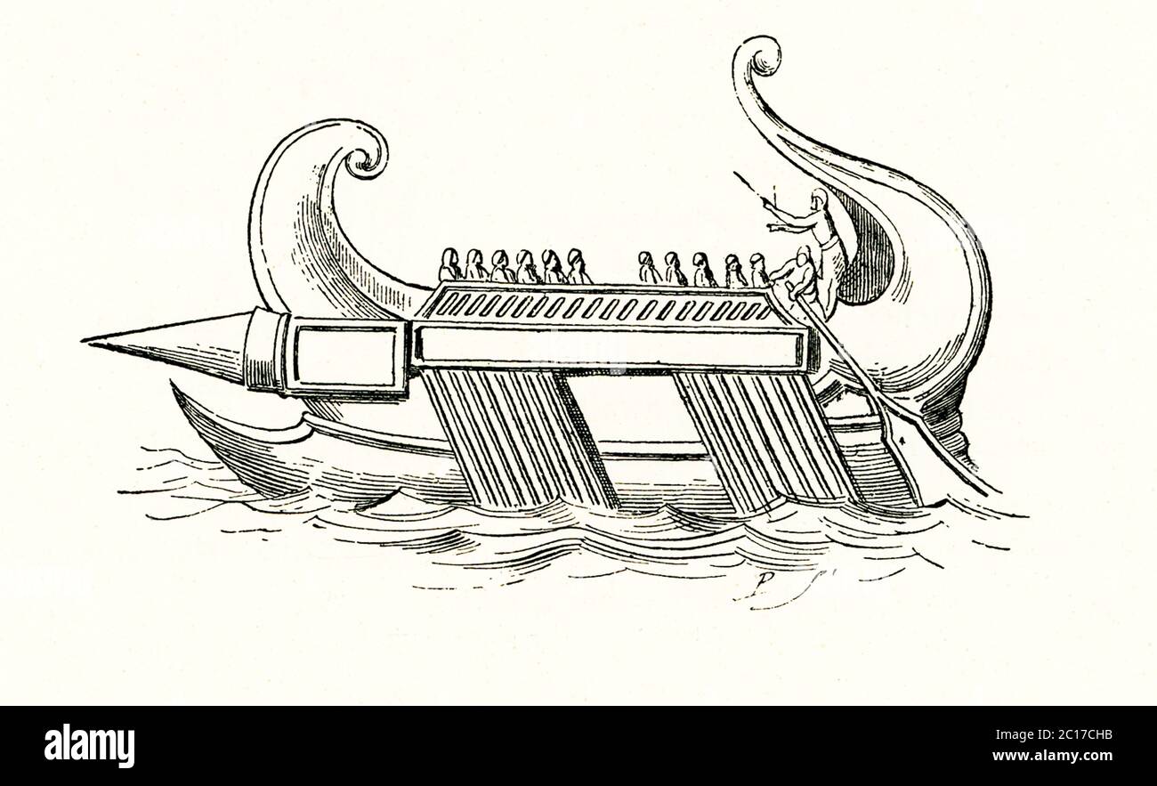 This late 1800s illustration shows a Greek pirate vessel, as taken from the image found on an ancient coin. This type of galley, known as a hemiolia, was developed in the 4th century B.C. Stock Photo