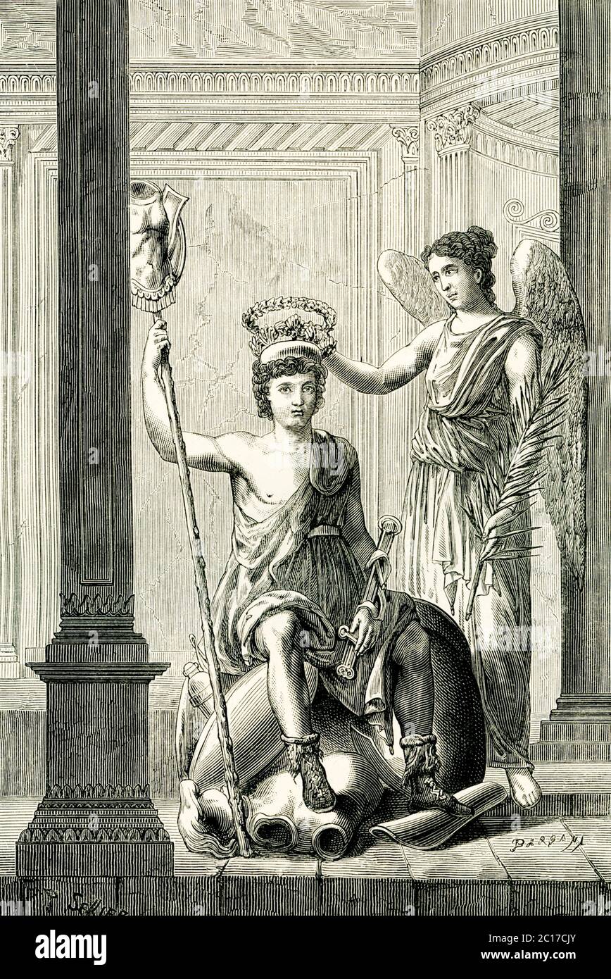 This early 1900s illustration shows a triumphant Roman general - the drawing is based on a wall painting uncovered in Pompeii, the town south of Rome that was destroyed in the eruption of Mount Vesuvius in 79 A.D. The symbolism most likely represents Nike, the goddess of victory, crowning the general. Stock Photo