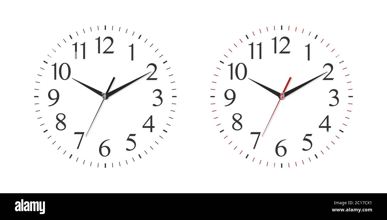 Vector 3d Realistic Simple Round Wall Office Clock, White Dial Set Closeup Isolated on White Background. Design Template, Mock-up for Branding Stock Vector