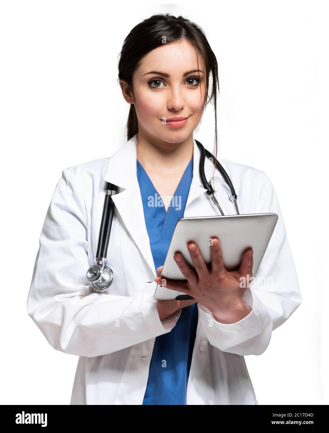 Smiling nurse portrait isolated on white using a digital tablet Stock Photo