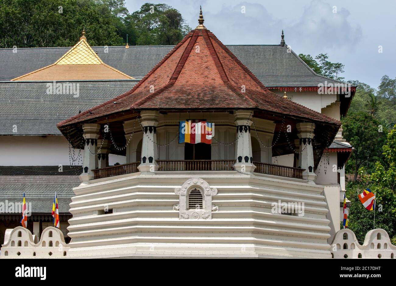 The Octagonal Tower adjacent to the entrance to the Buddhist Temple of the Sacred Tooth Relic at Kandy in Sri Lanka. Stock Photo