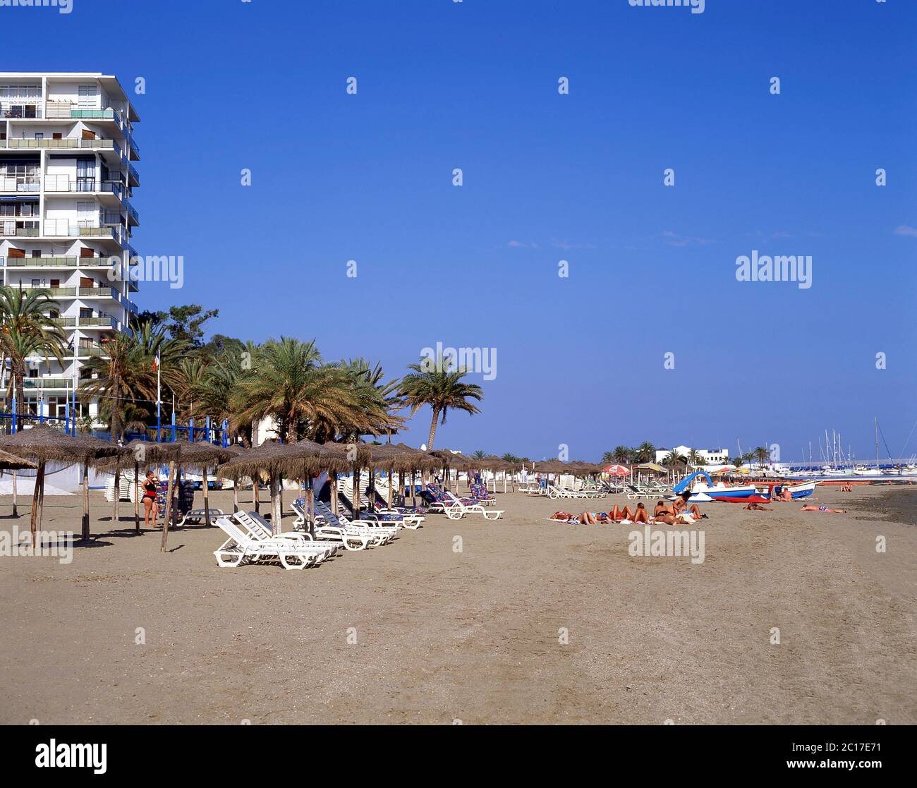 Beach view, Marbella, Costa del Sol, Malaga Province, Andalucia (Andalusia), Kingdom of Spain Stock Photo