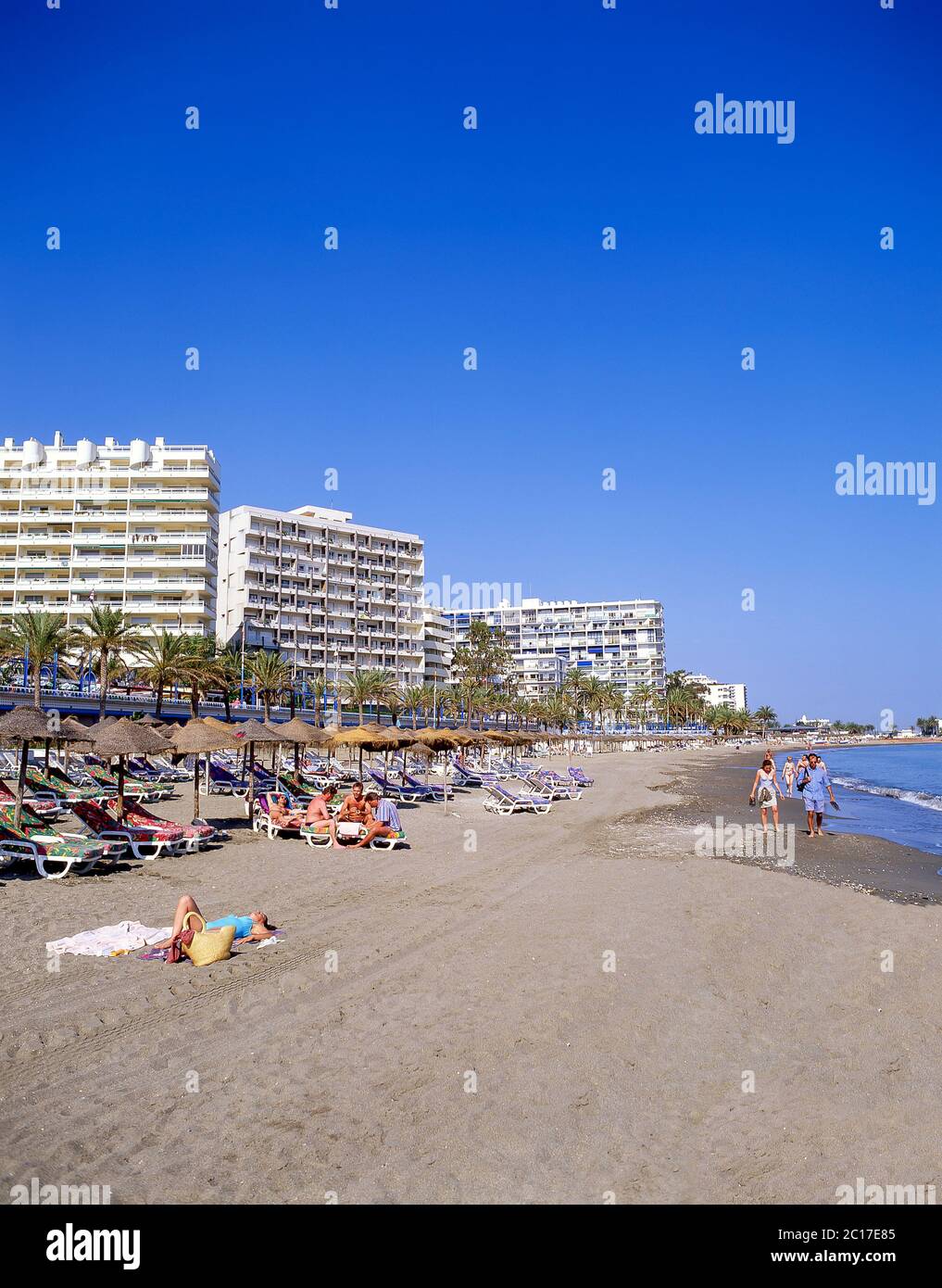 Beach view, Marbella, Costa del Sol, Malaga Province, Andalucia (Andalusia), Kingdom of Spain Stock Photo